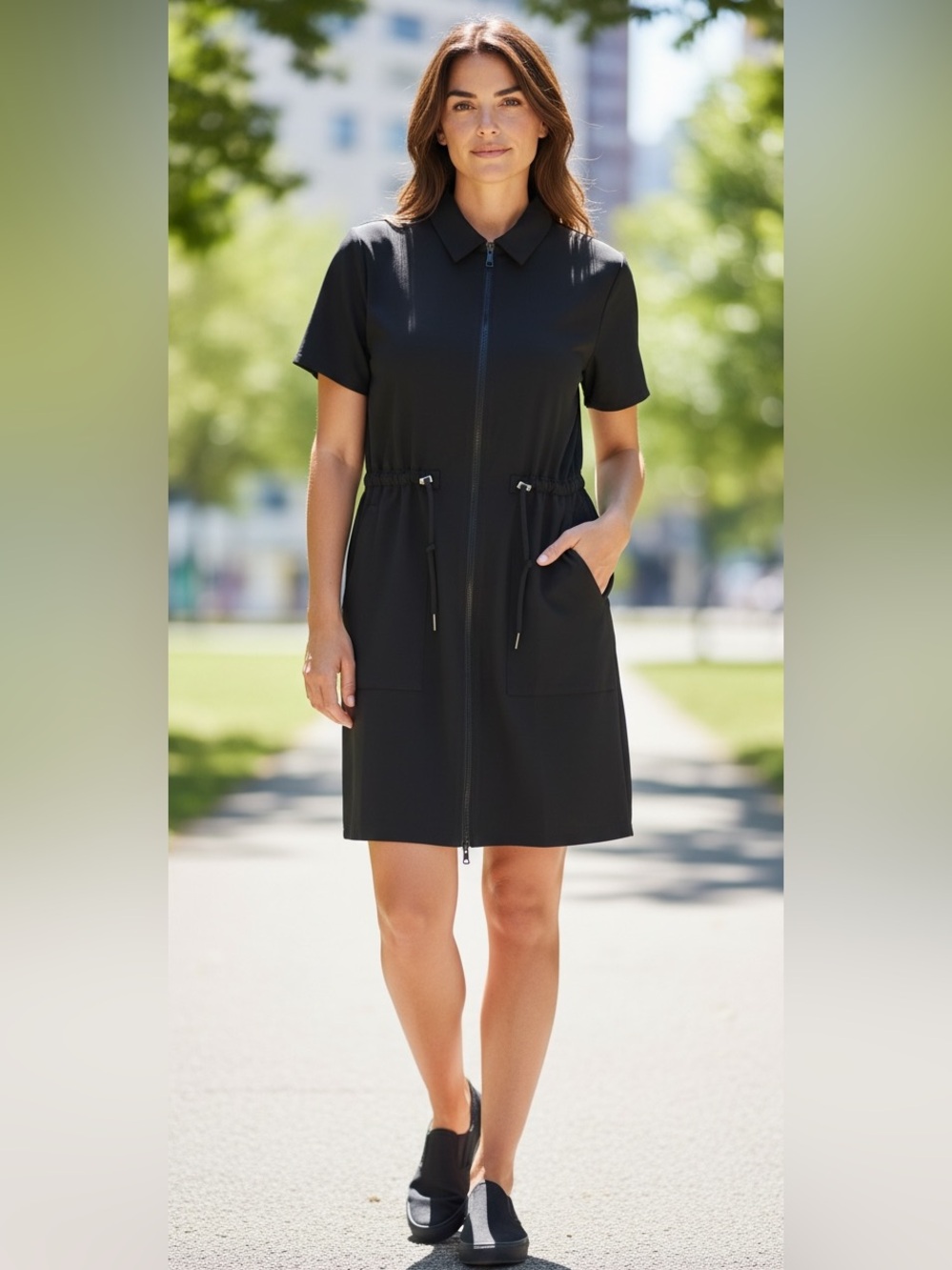 Beyond Yoga City Chic Mini Shirtdress Front Zip Drawstring Waist Sz XS | EUC
